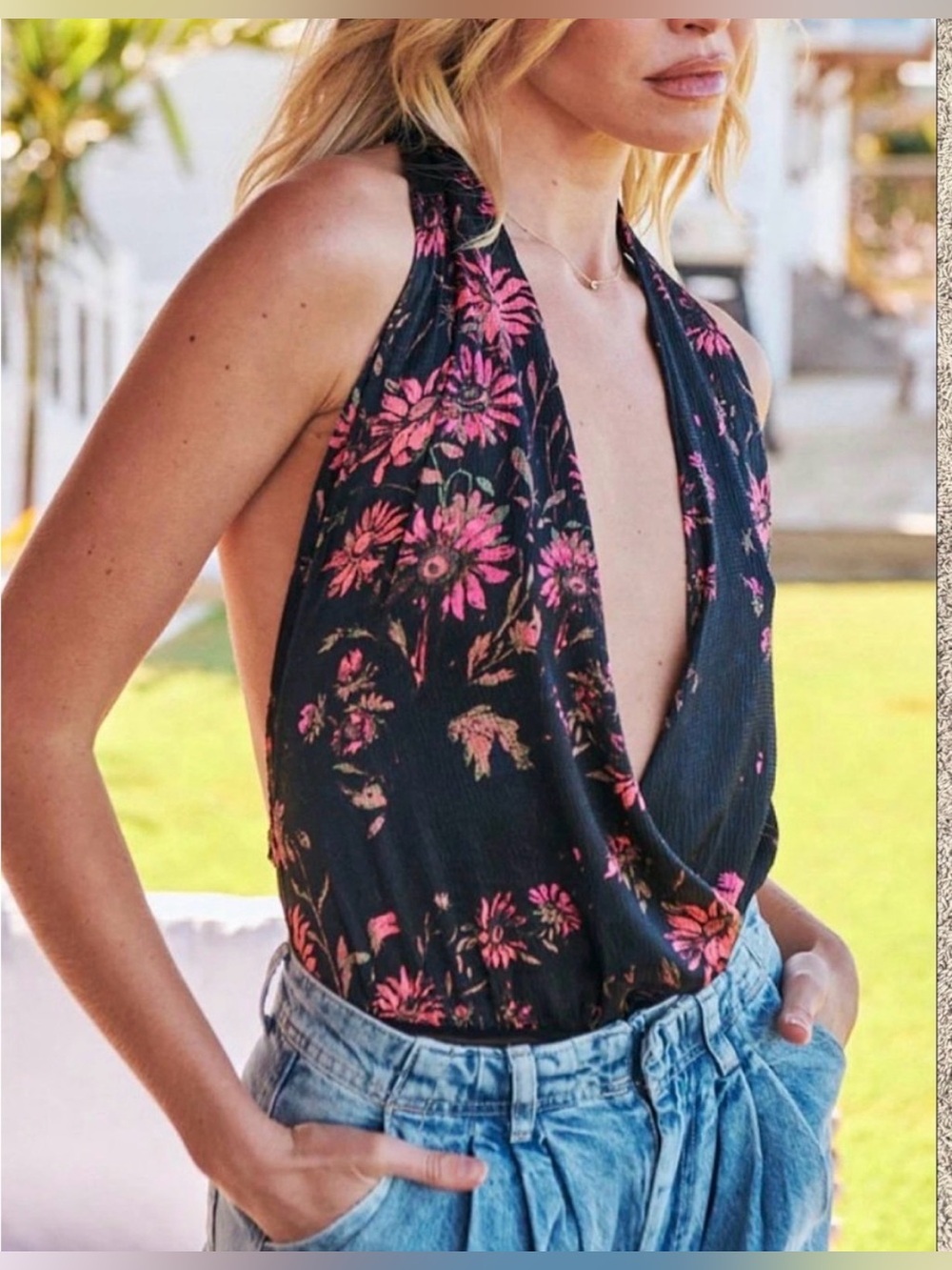 Free People Black Halter Cami with Pink Floral Print